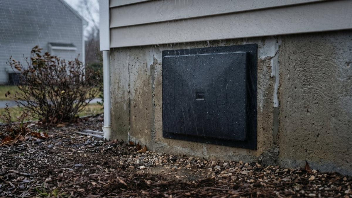 rain and storm water against the side of a house with a foundation access door sealed