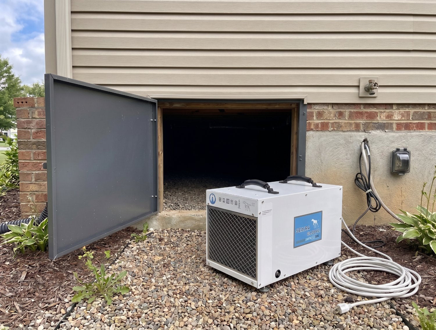 a watchdog dehumidifier at the entrance to a crawl space
