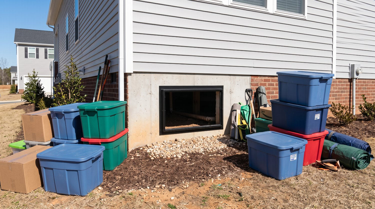 Storage bins, cardboard boxes, and tarps outside an open crawl space entrance
