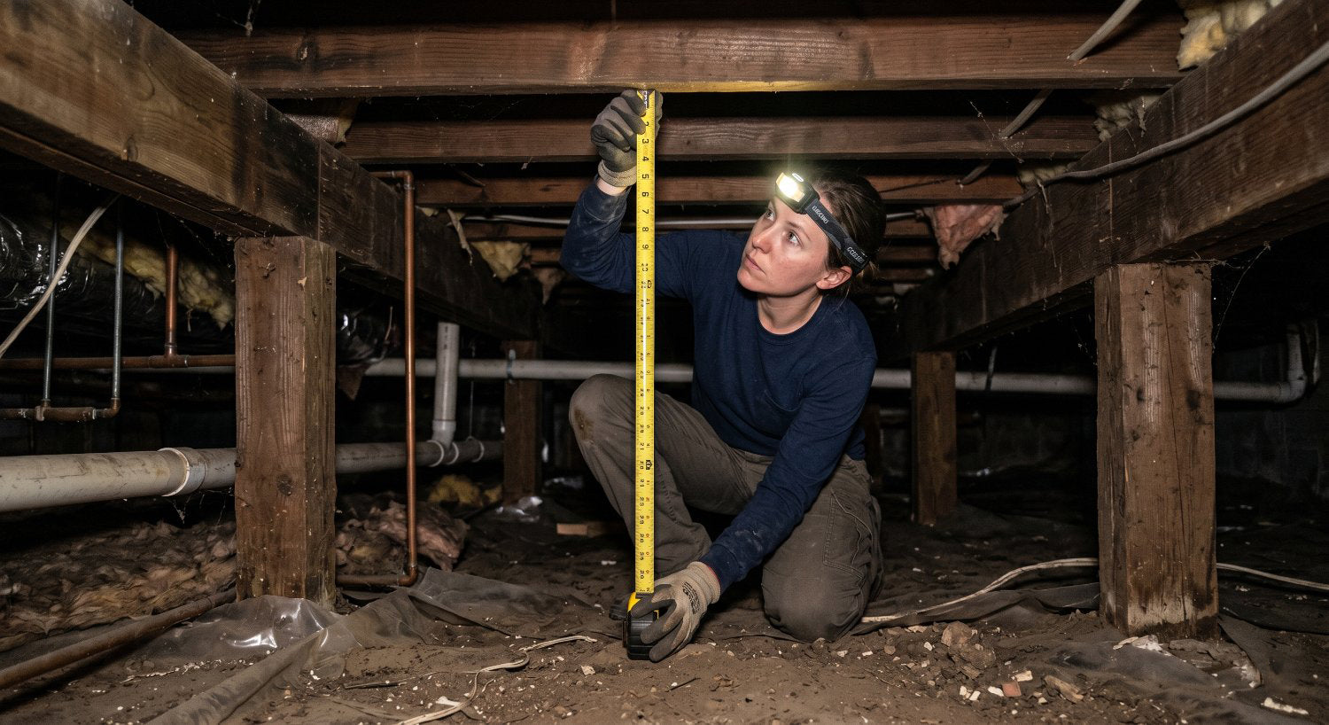woman with headlamp in crawl space measuring the height with a tape measurer