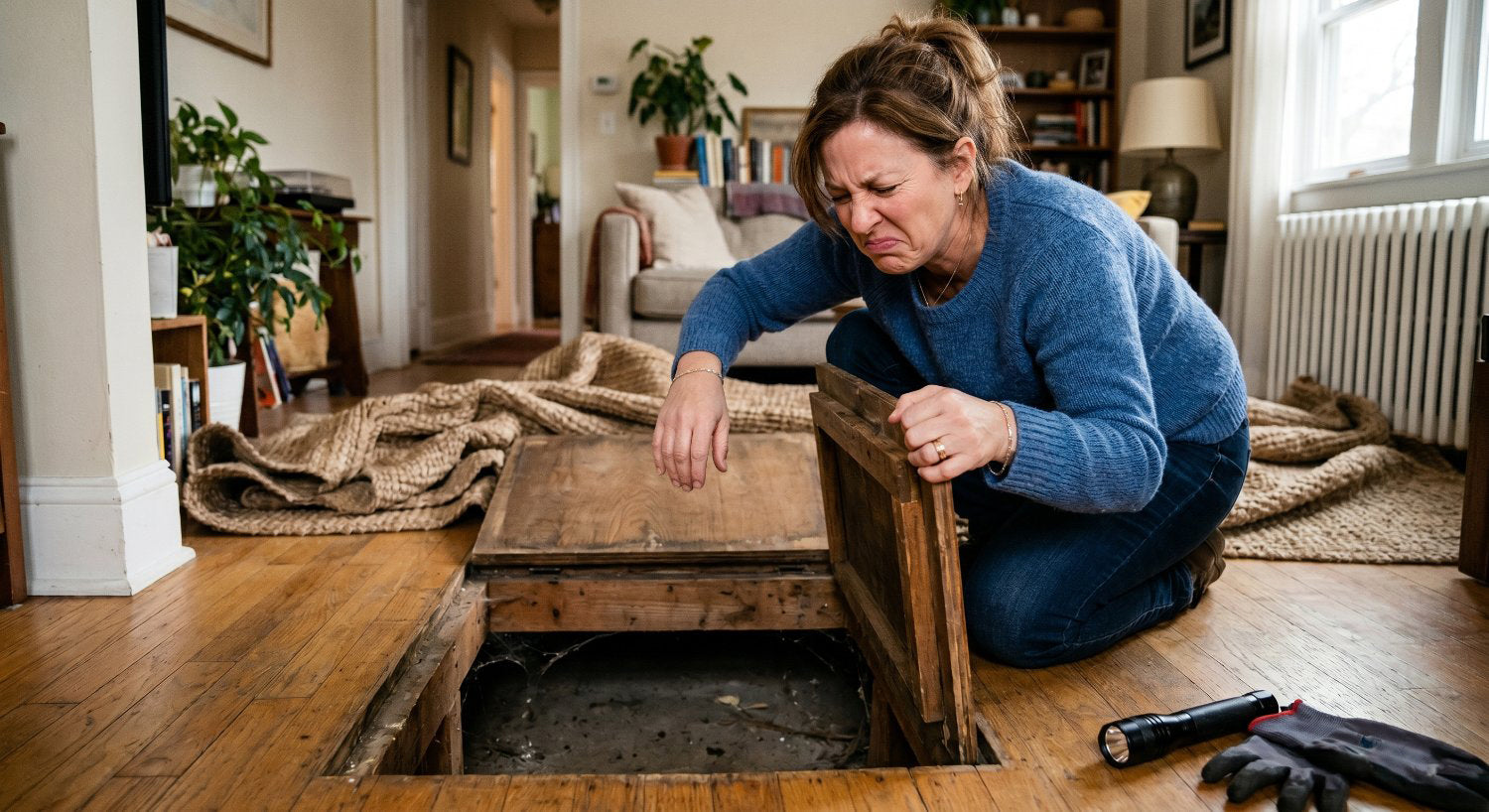Woman smelling bad air coming out of her crawlspace