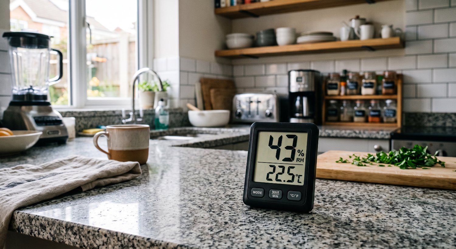 a humidity monitor on a kitchen counter showing the humidity of a crawlspace