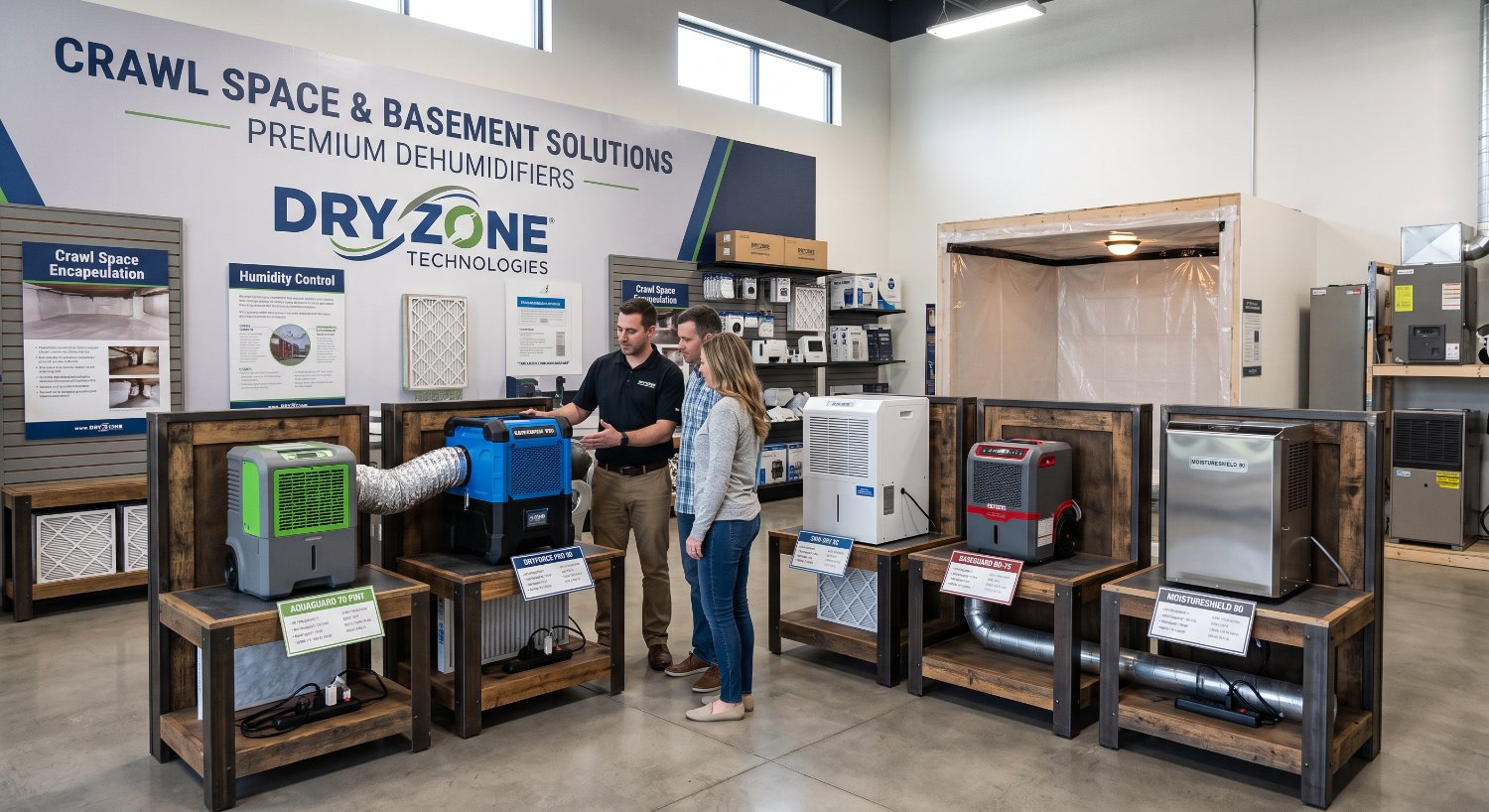 different models of crawl space dehumidifiers in a showroom
