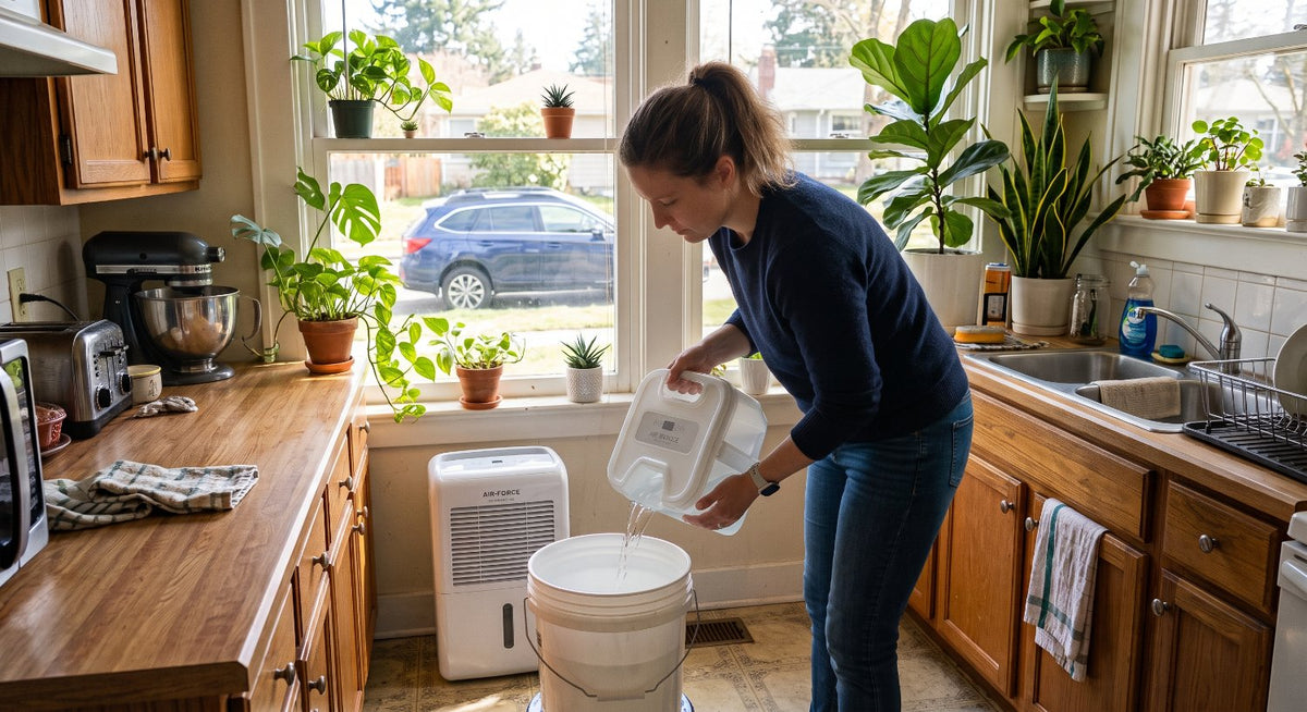 Woman in her kitchen emptying dehumidifier reservoir into a bucket
