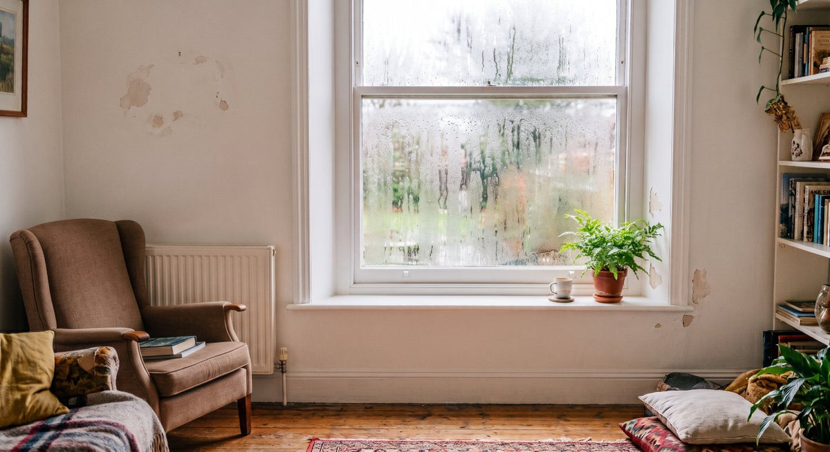home with some paint peeling and condensation on the window