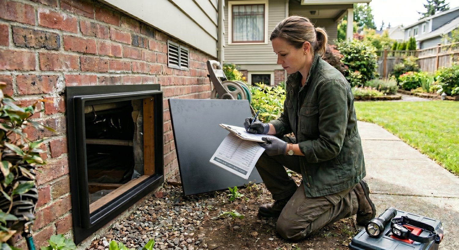 Homeowner preparing to enter crawl space with a checklist 