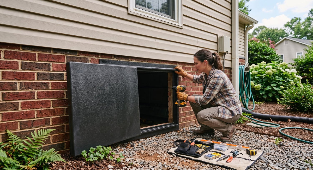 woman kneeling beside a crawl space access holding a drill and the frame of a access door against the wall