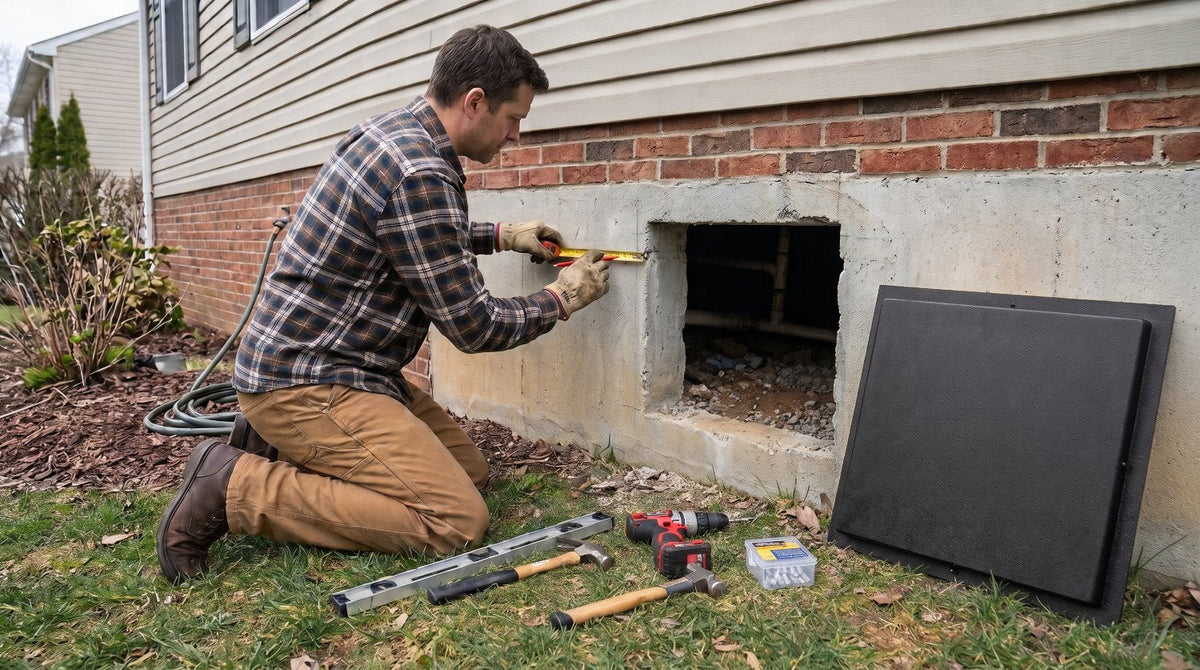 man kneeling beside foundation opening measuring to install a access door