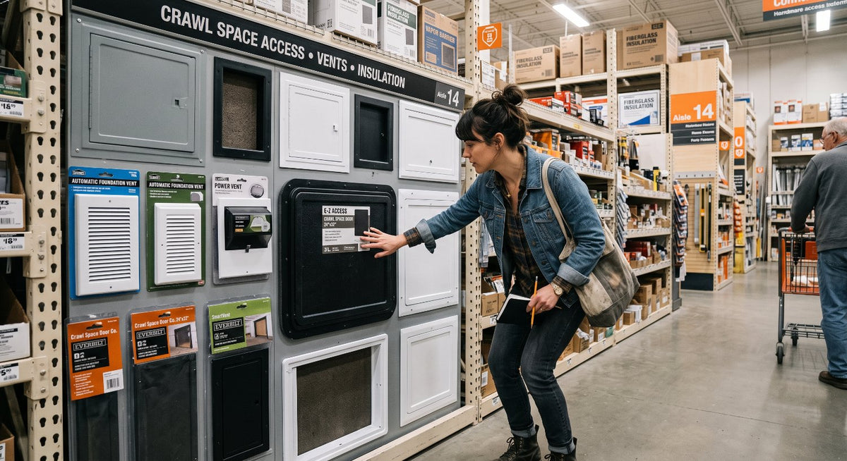 Homeowner looking at crawl space access doors at a hardware store
