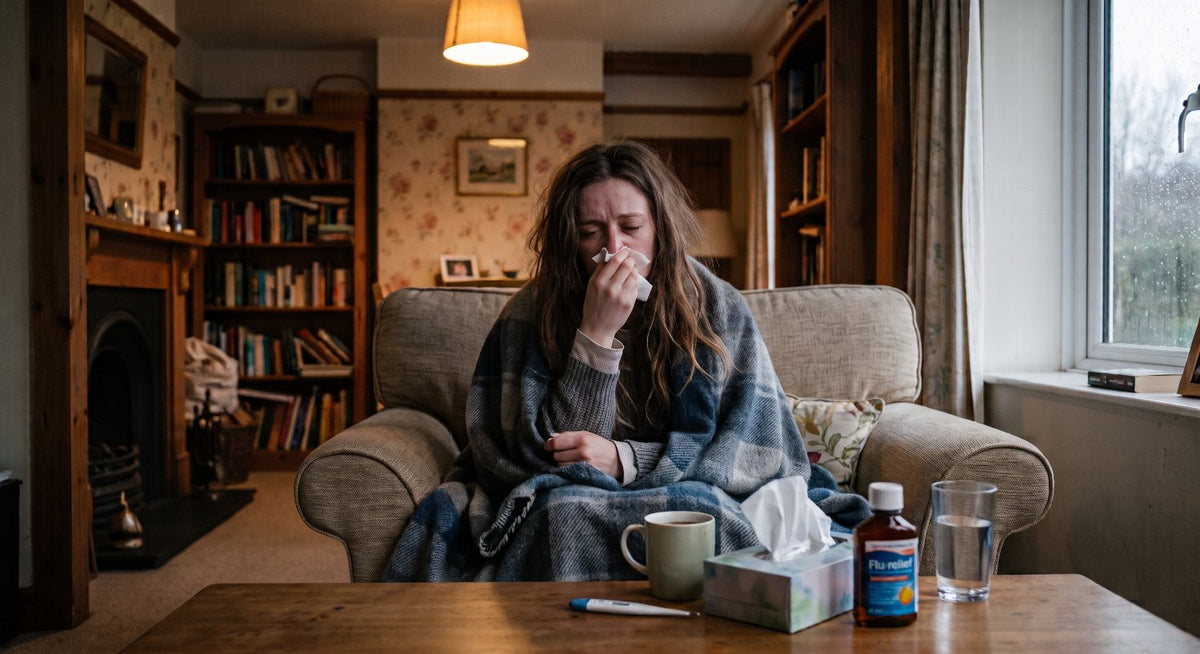 woman blowing her nose sitting on a couch looking sick