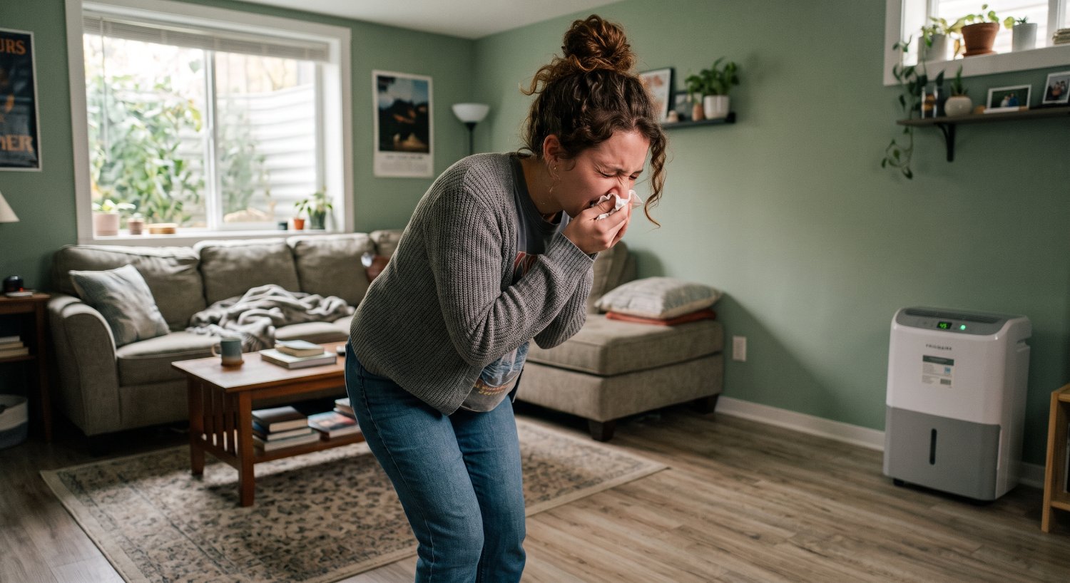 A woman sneezing in her living room with a crawl space dehumidifier in the corner