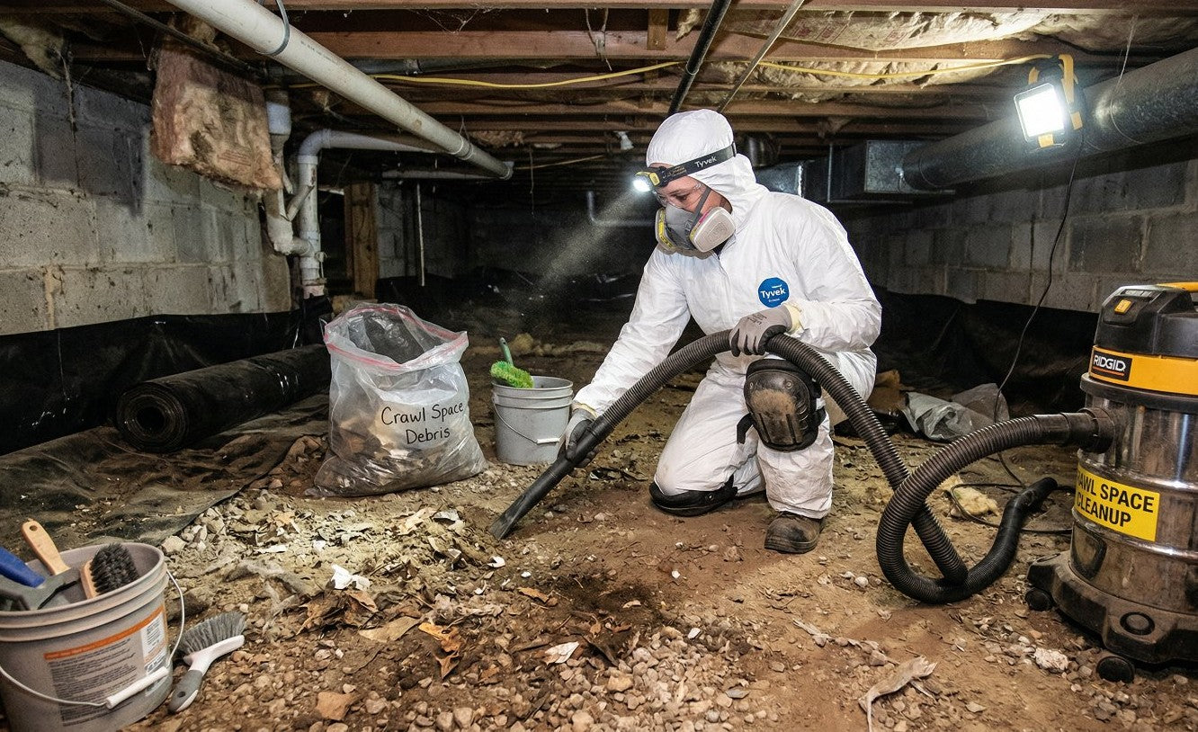 Woman using a shopvac to clean a crawl space