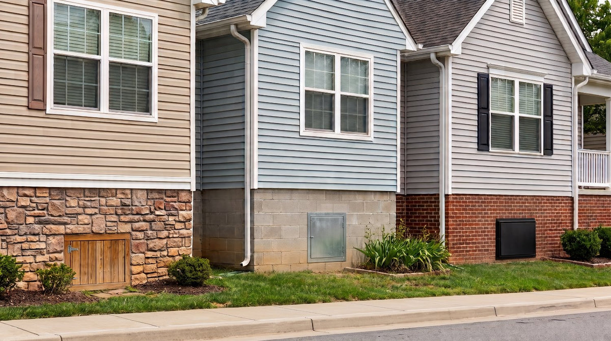 Wood, metal, plastic access doors in three homes side by side