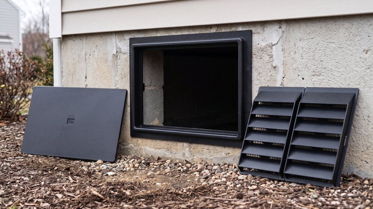 crawl space entrance with vents and the cover propped on the side of the house