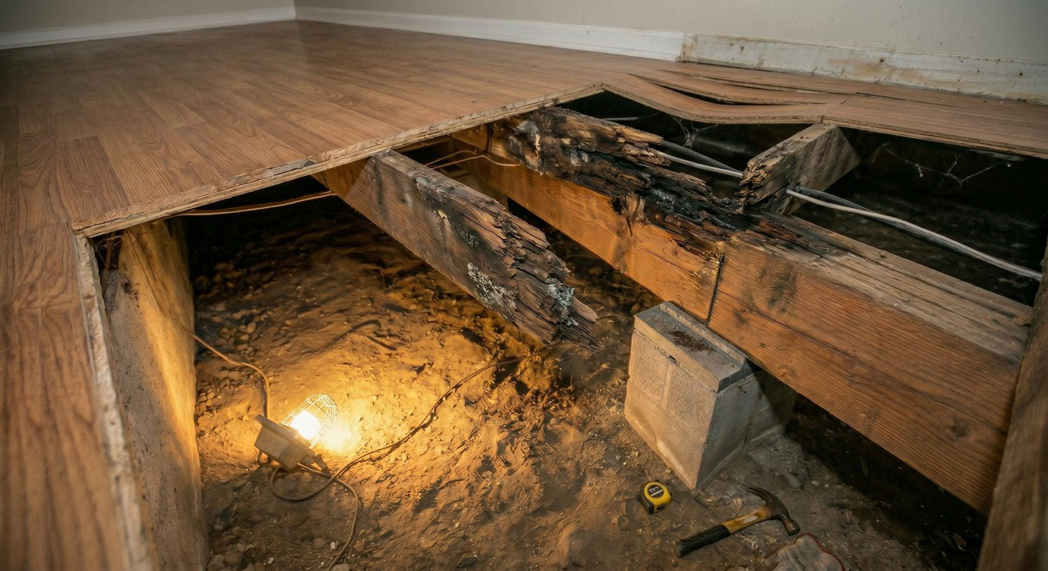 warped wood floors and exposed rotted floor joists
