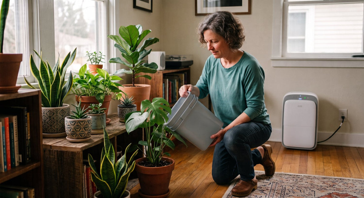 Woman watering her plants with gray water from a dehumidifier