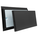 Black rectangular plastic frame with blue insulated foam and black cover on a white background