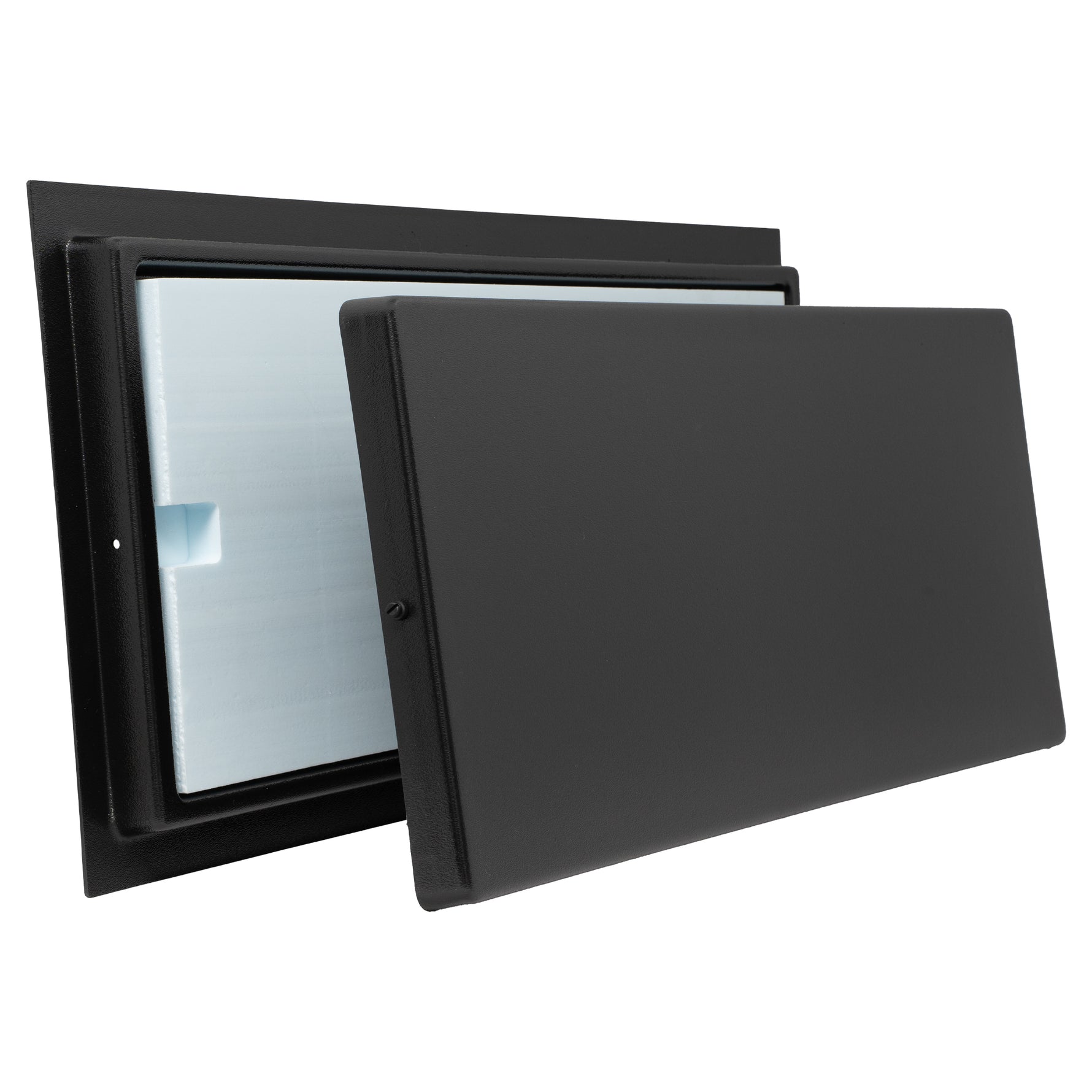 Black rectangular plastic frame with blue insulated foam and black cover on a white background