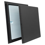 Black rectangular plastic frame with a blue insulated foam surface and black plastic cover on a white background
