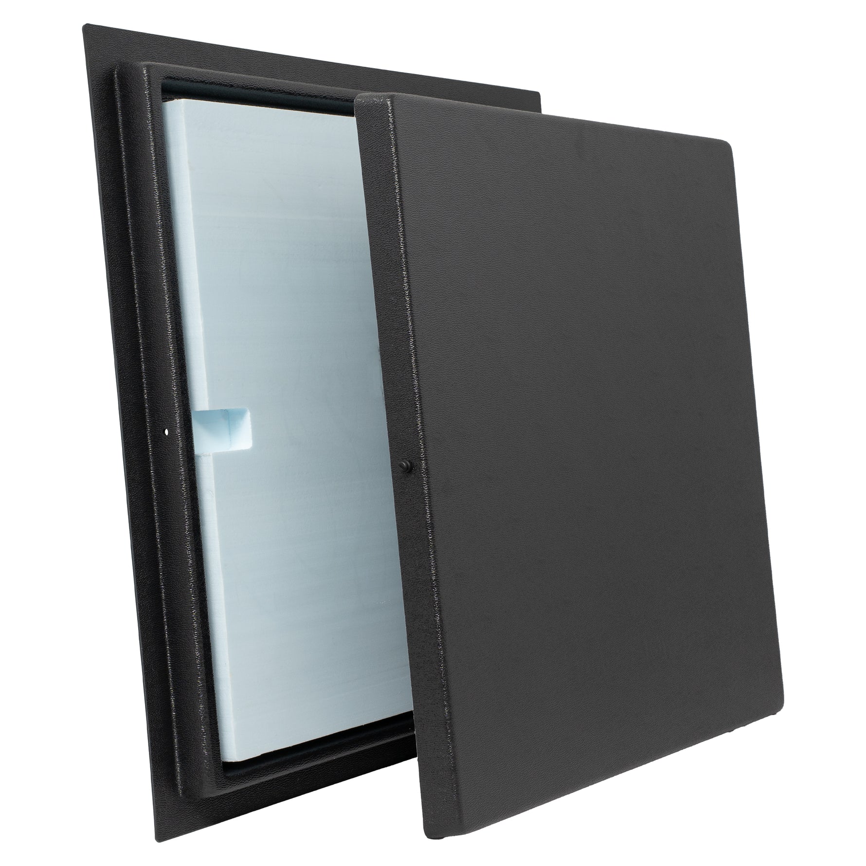 Black rectangular plastic frame with a blue insulated foam surface and black plastic cover on a white background