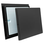 Black rectangular plastic frame with blue insulated foam and black cover on a white background