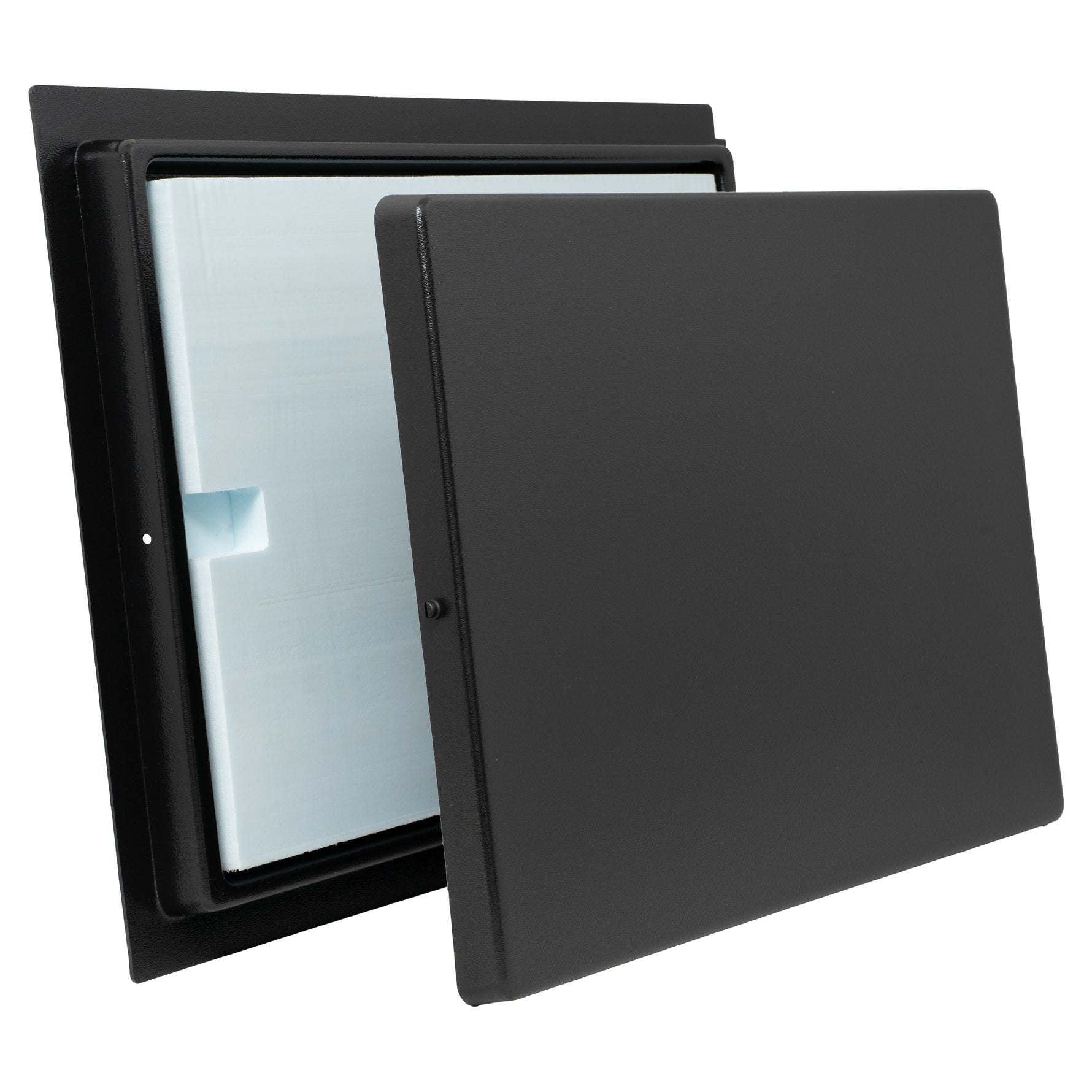 Black rectangular plastic frame with blue insulated foam and black cover on a white background