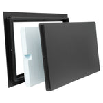 Black rectangular plastic frame with blue insulated foam and black cover on a white background
