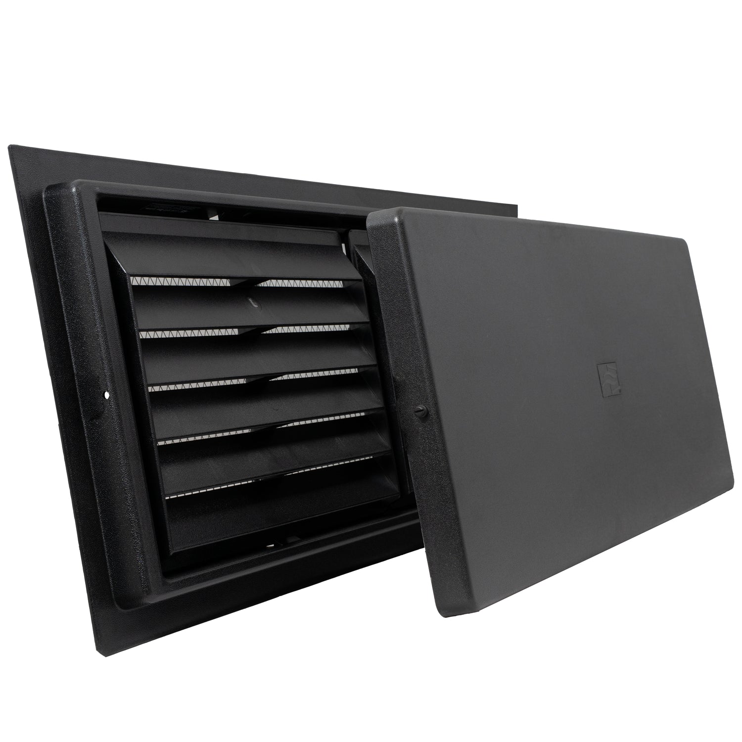 Black rectangular crawlspace door with  removable louvered air vents on a white background