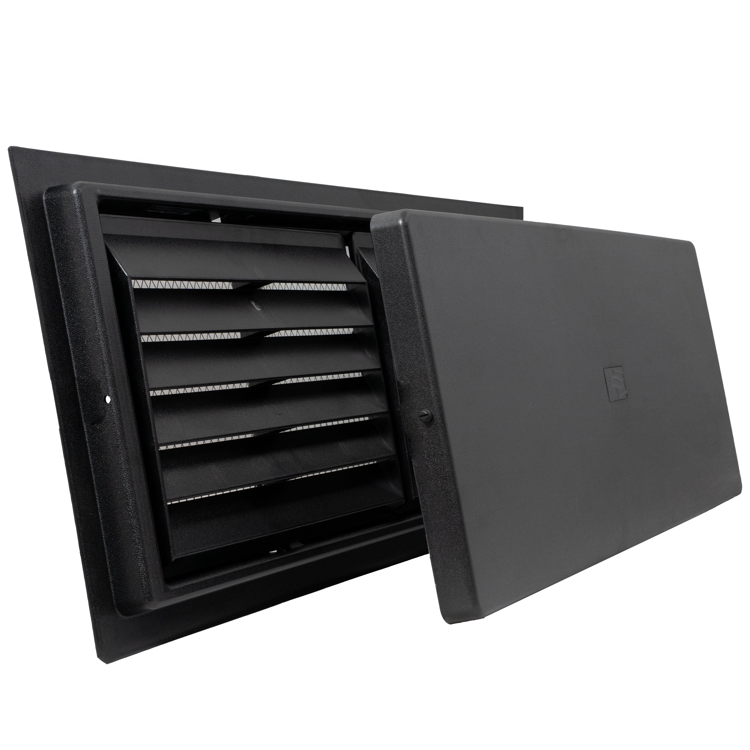 Black rectangular crawlspace door with  removable louvered air vents on a white background