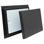 Black rectangular plastic frame with blue insulation and door cover