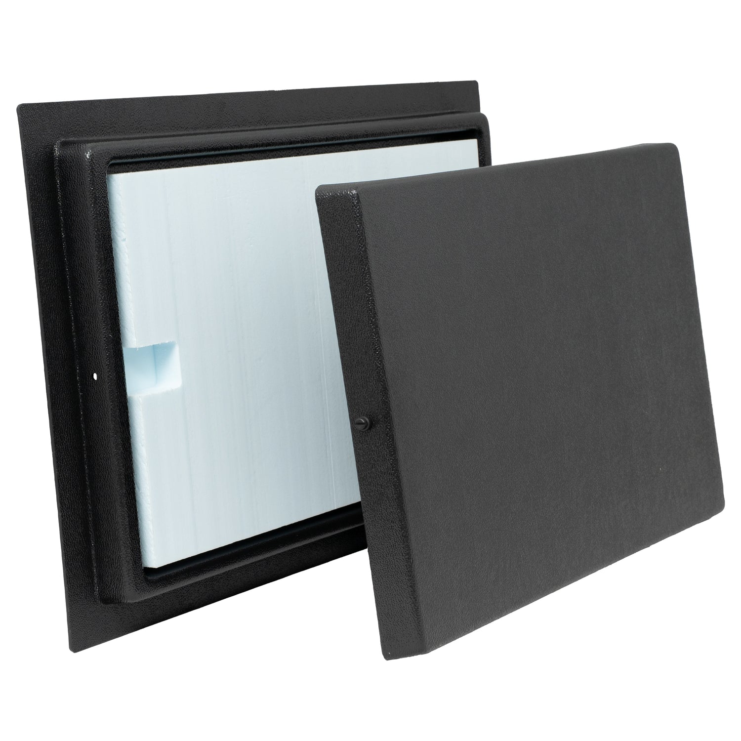 Black rectangular plastic frame with blue insulation and door cover