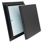 Black square plastic frame with blue insulated foam and black cover on a white background