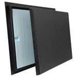 Black rectangular plastic frame with blue insulated foam and black cover on a white background