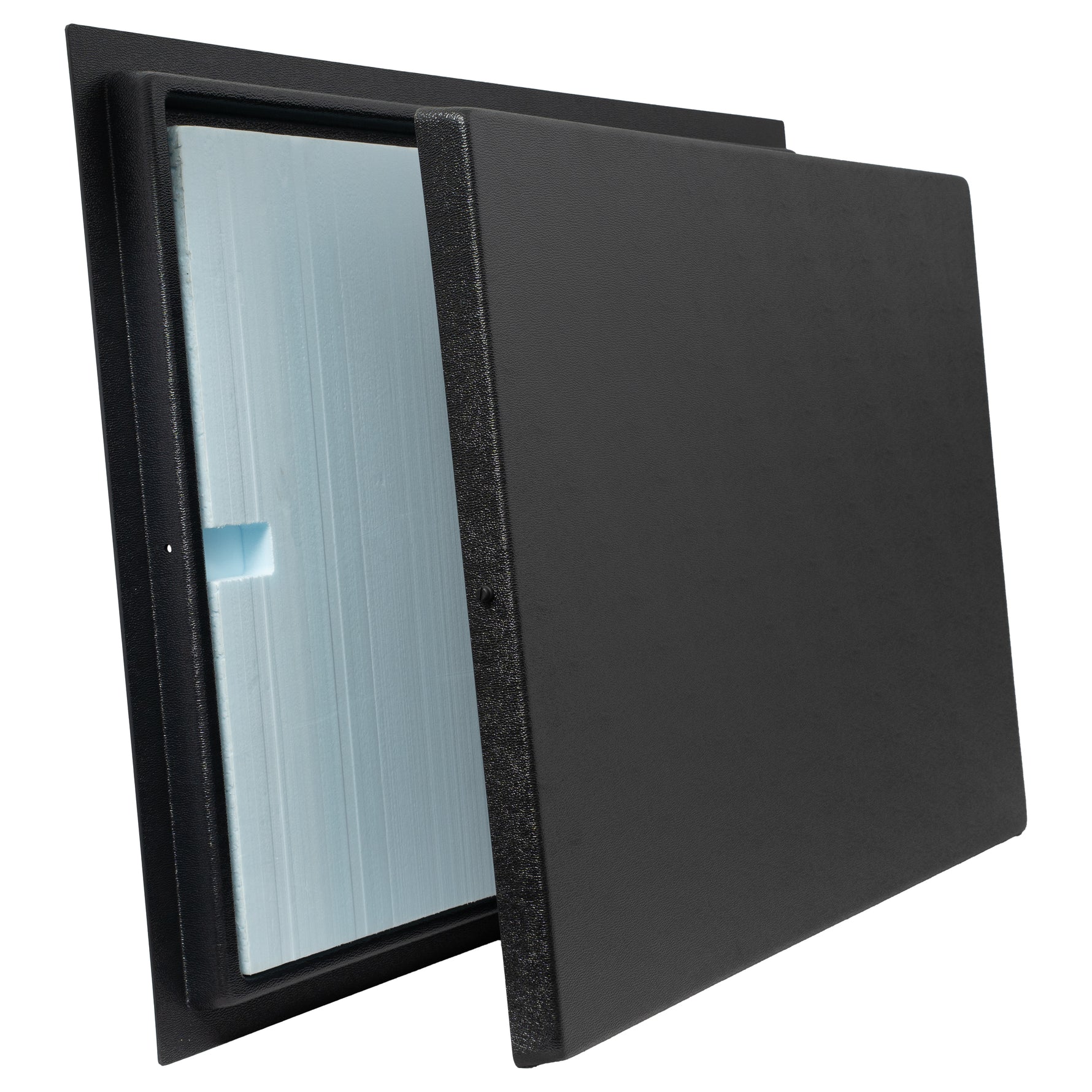 Black rectangular plastic frame with blue insulated foam and black cover on a white background