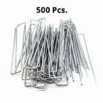 A pile of silver metal wire stakes or garden pins with bent U-shaped loops, shown on a plain white background with the text '500 Pcs.' at the top.