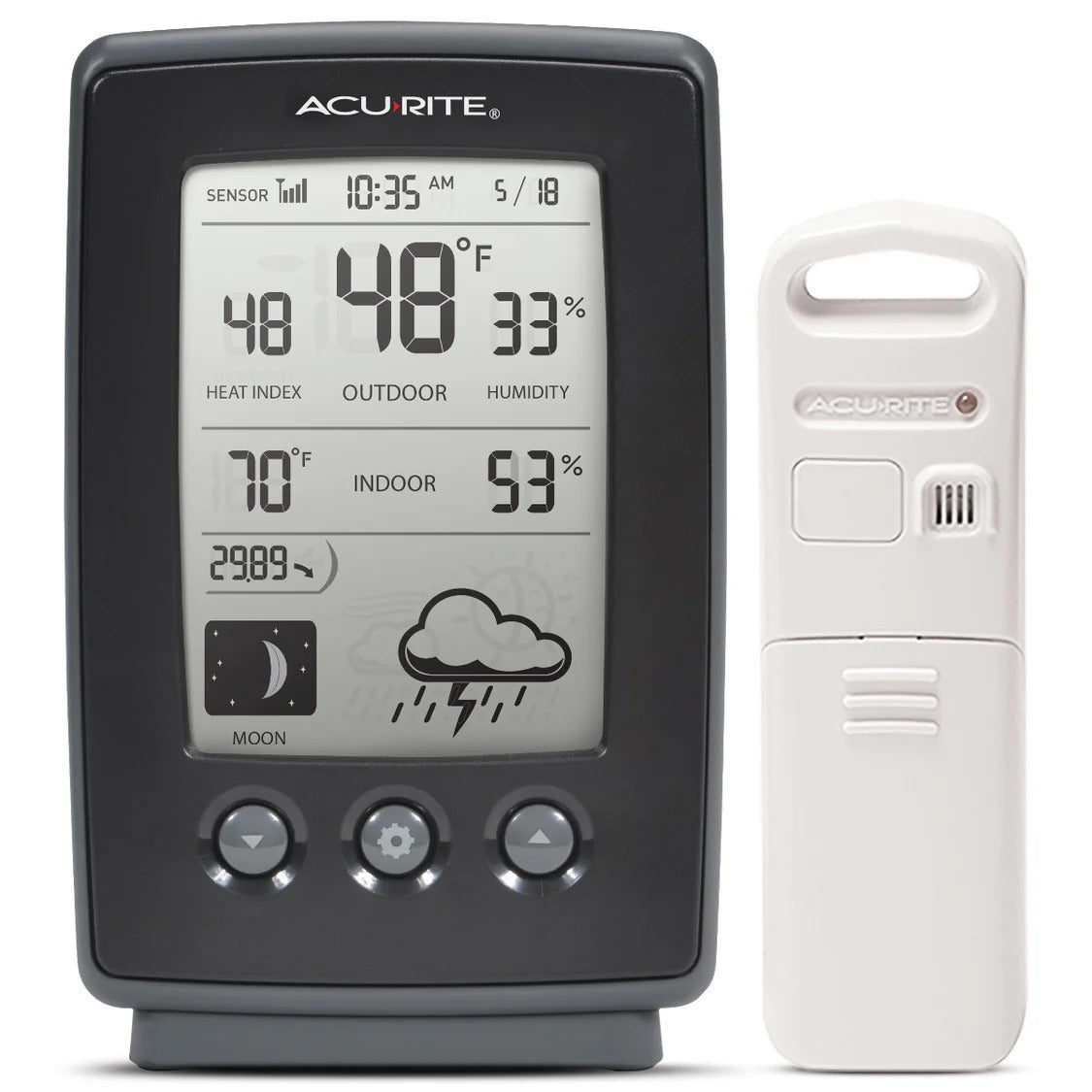 AcuRite weather station with digital display and remote sensor on a white background