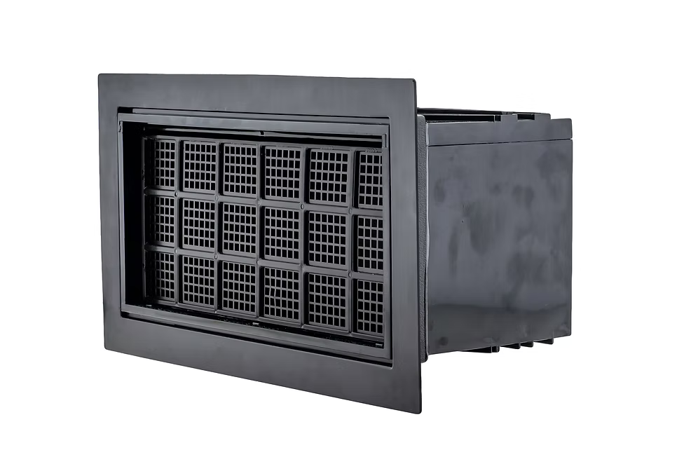Black wall-mounted flood vent on a white background