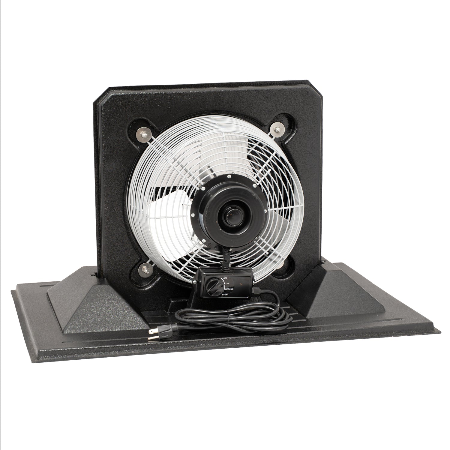 Black exhaust fan with white blades on a white background
