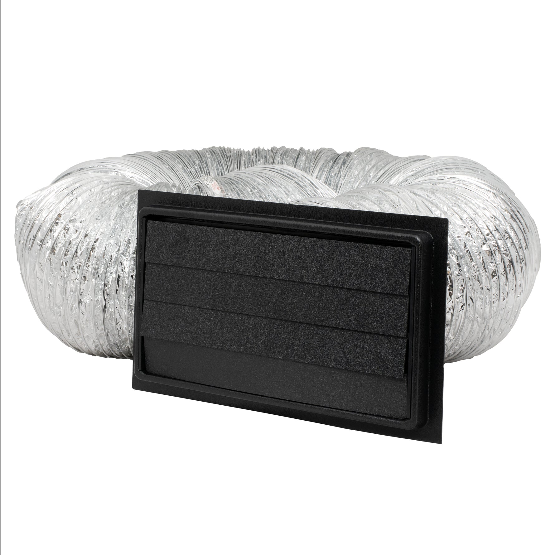 Black rectangular air vent with clear ducting on a white background