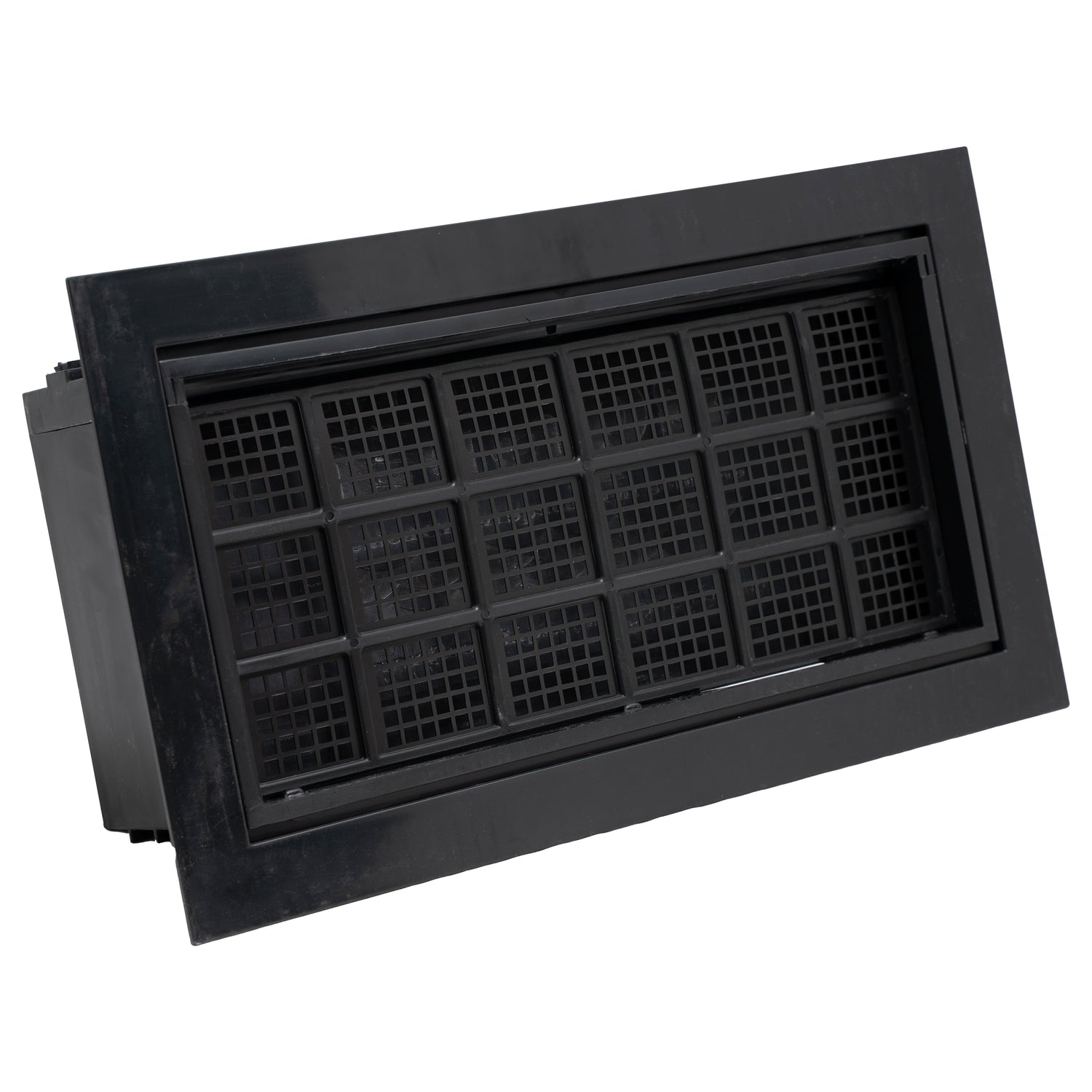 Black rectangular air vent on a white background