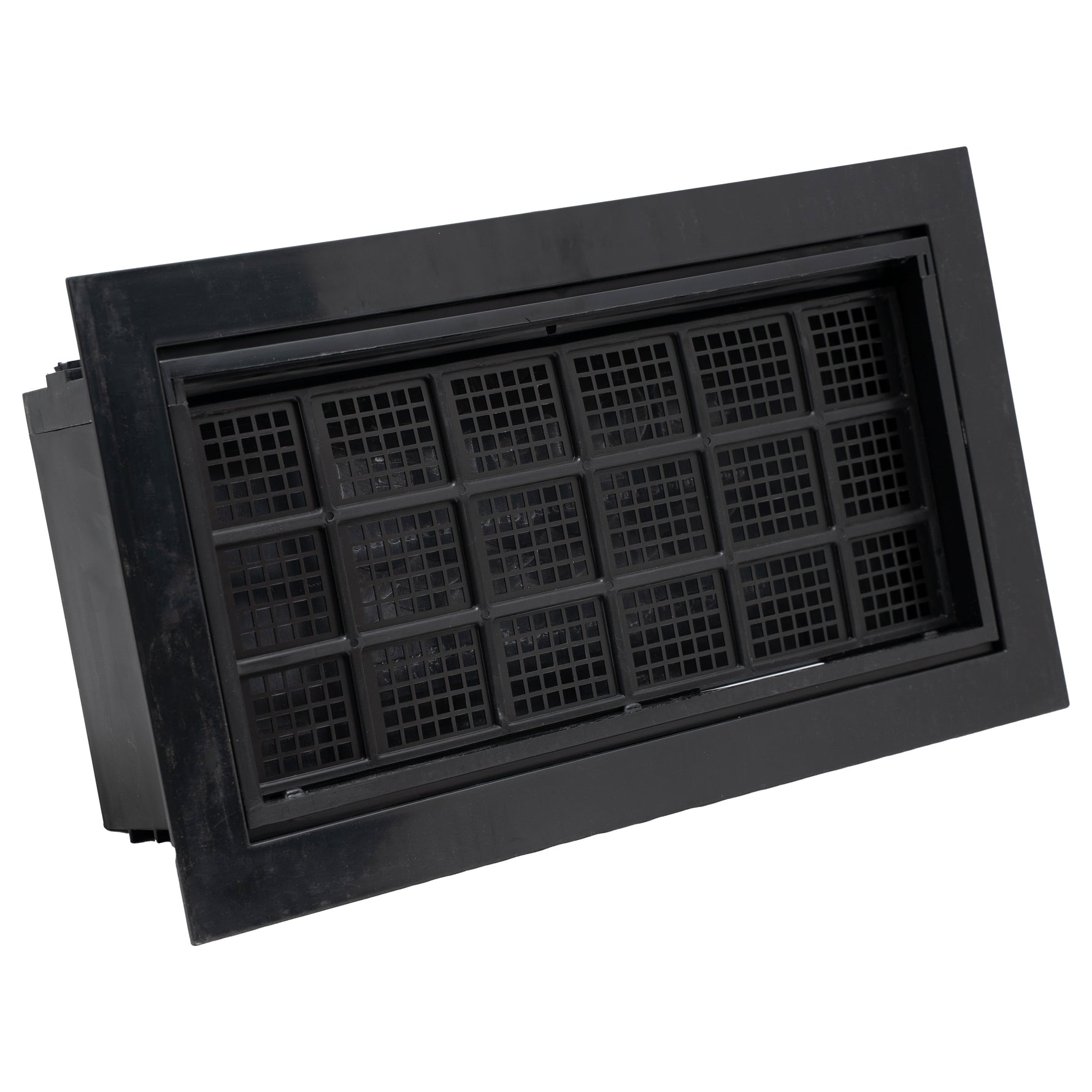 Black rectangular air vent on a white background