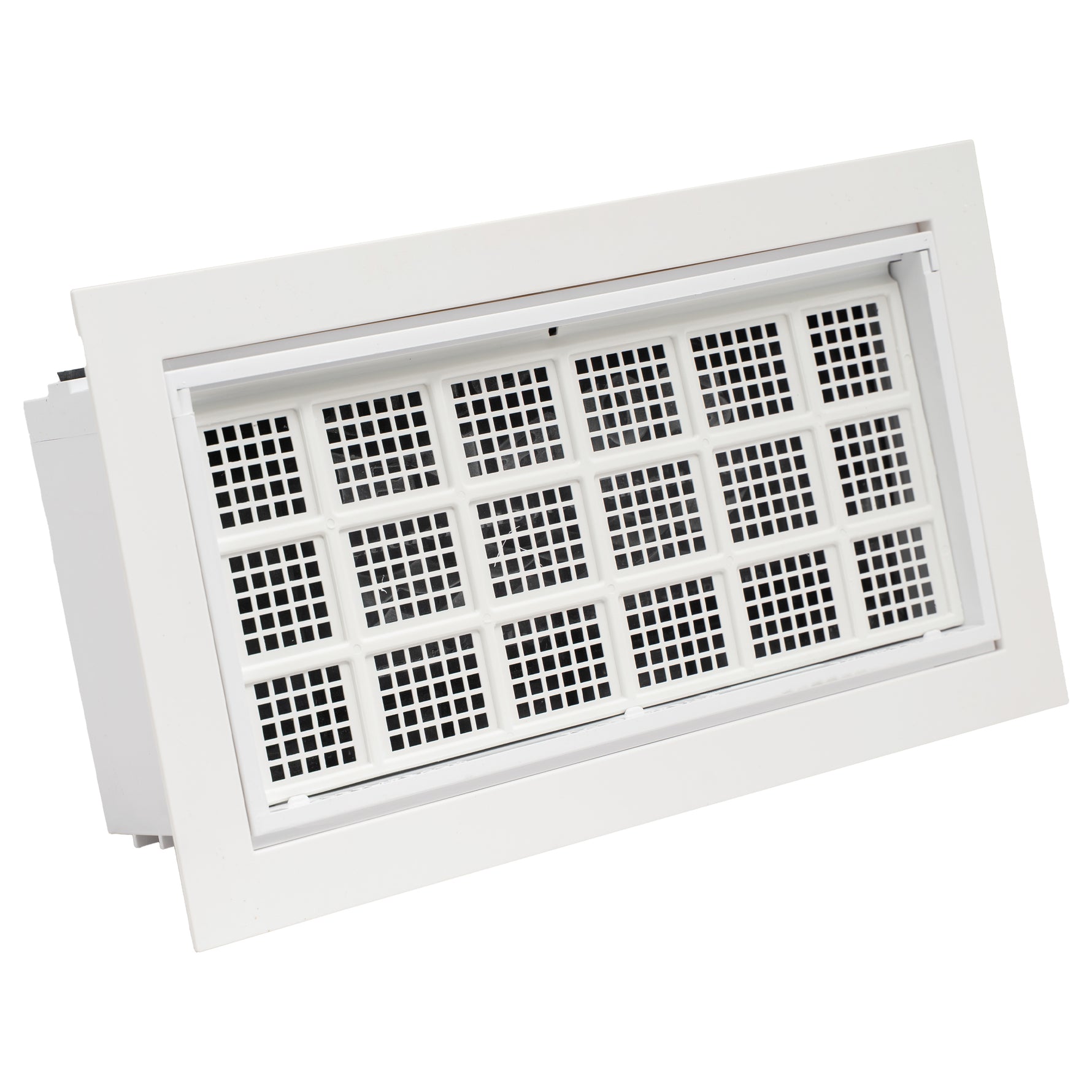 Rectangular white air vent with grid design on a white background
