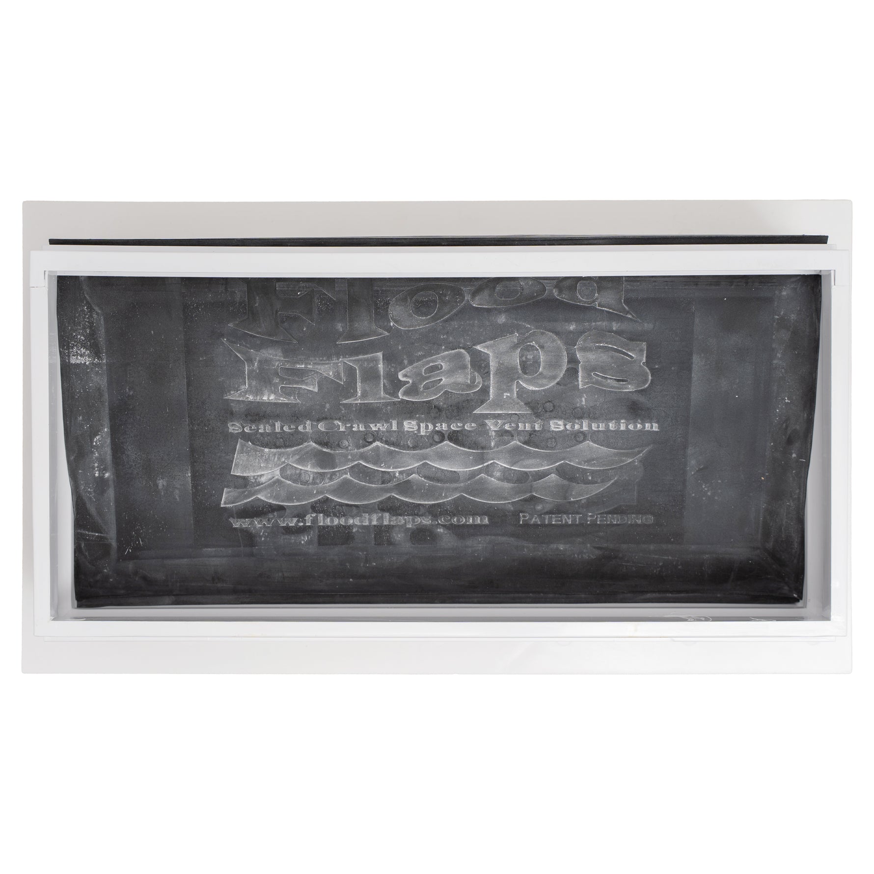 Flood Flaps sealed air vent back side with branding on a white background