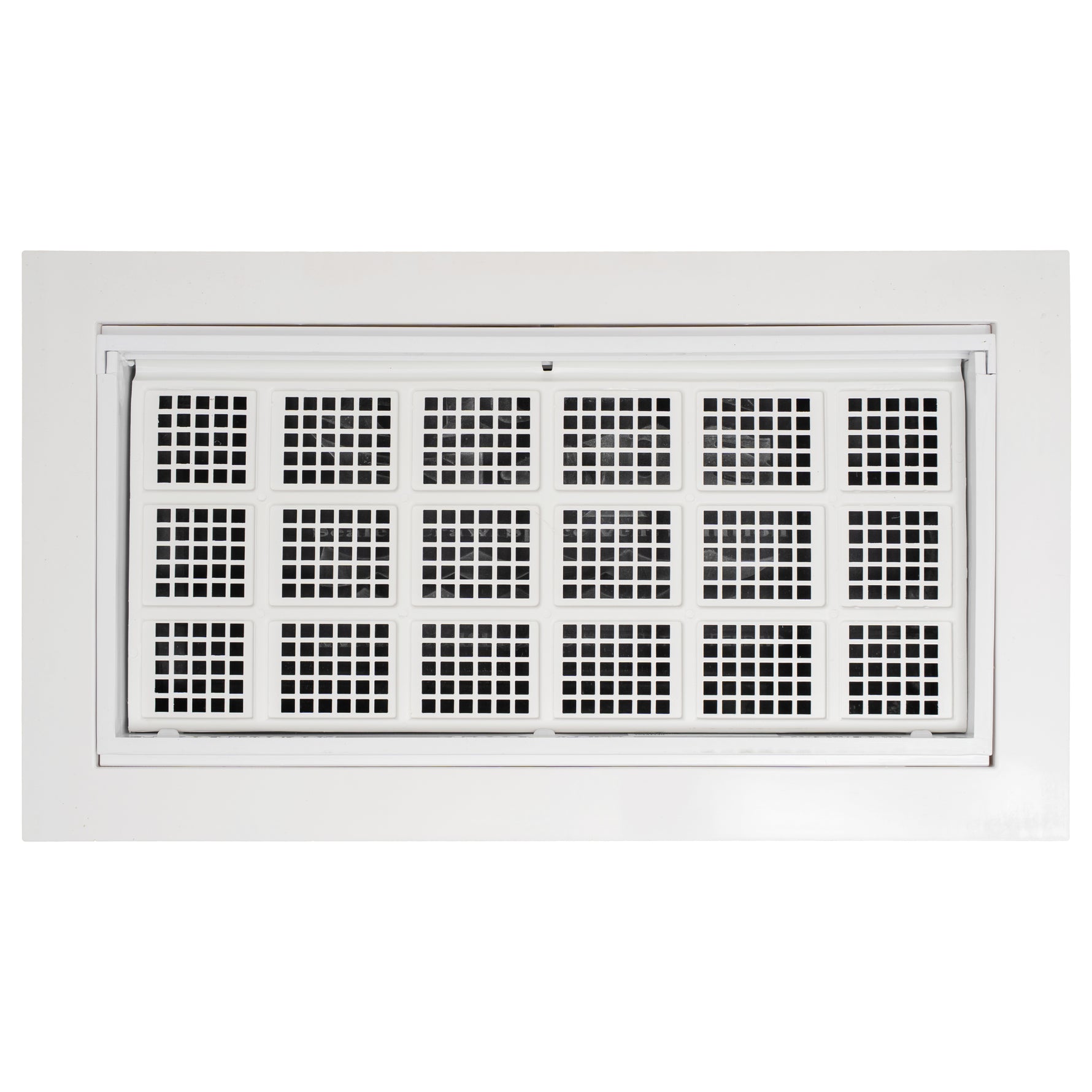 Rectangular white air vent with grid on a white background