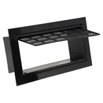 Black plastic foundation air vent with vent open on a white background