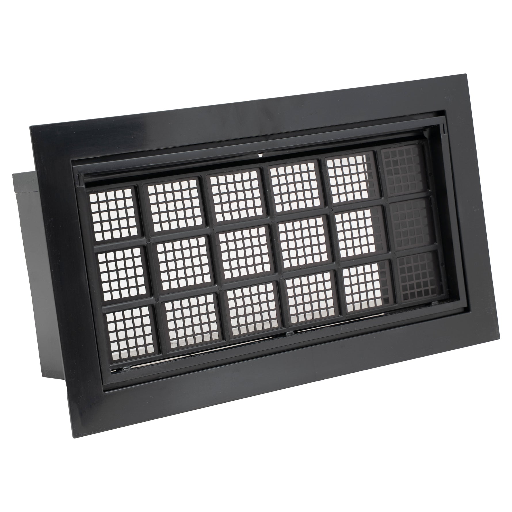 Rectangular black plastic vent with grid design on a white background