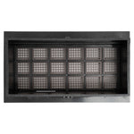 Grid of small black boxes with grid patterns showing the back of an air vent on a white background