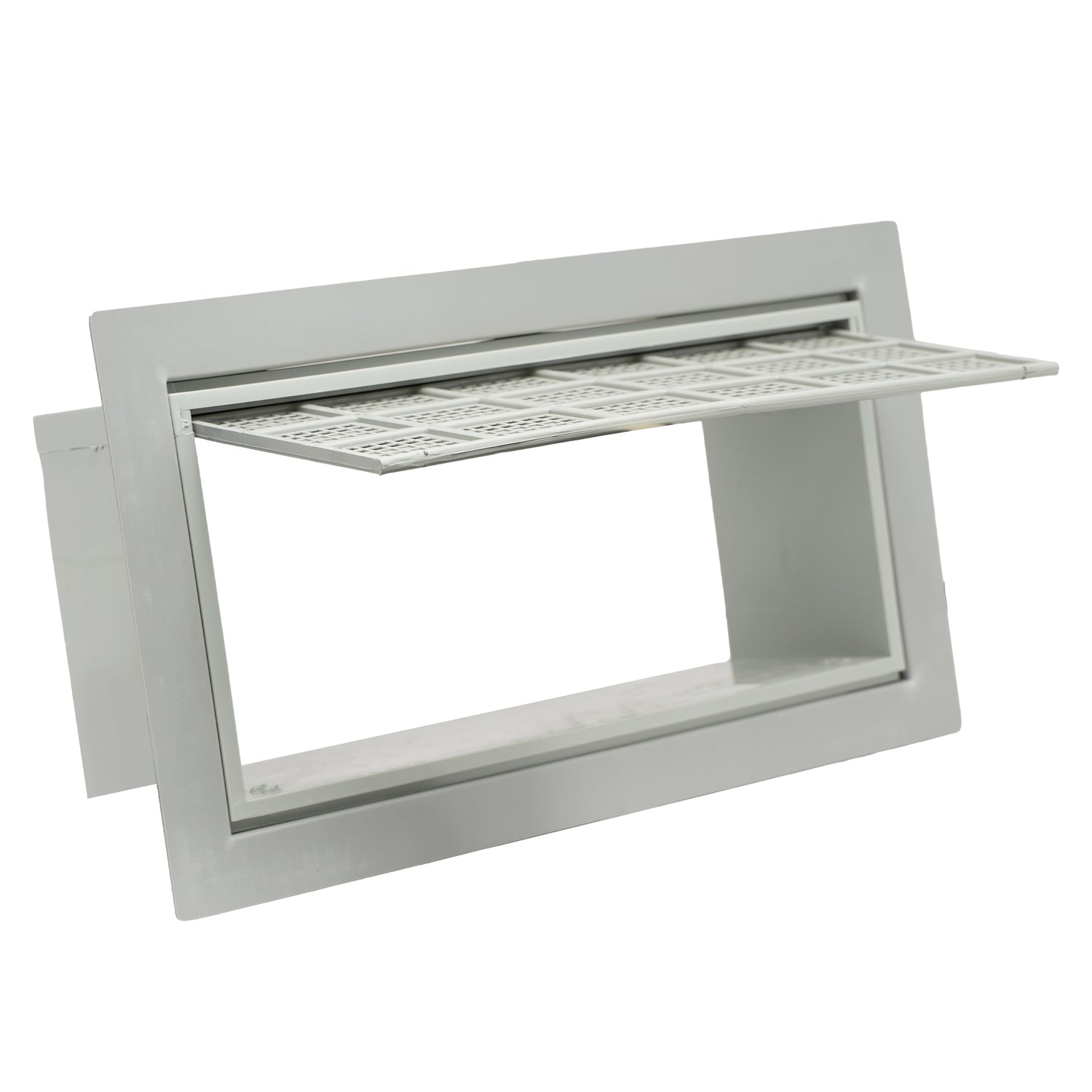 Gray plastic rectangular vent cover open on a white background