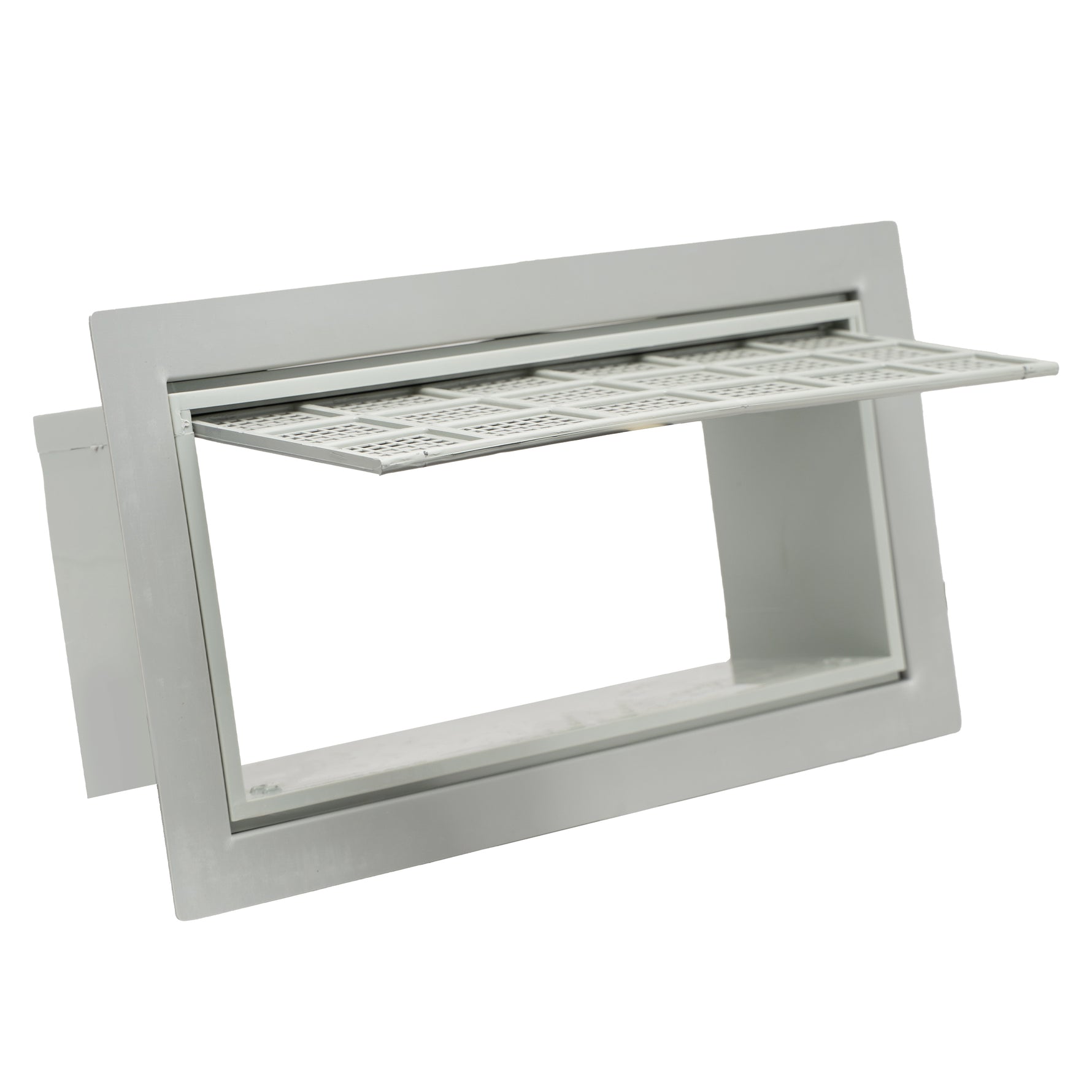 Gray plastic rectangular vent cover open on a white background