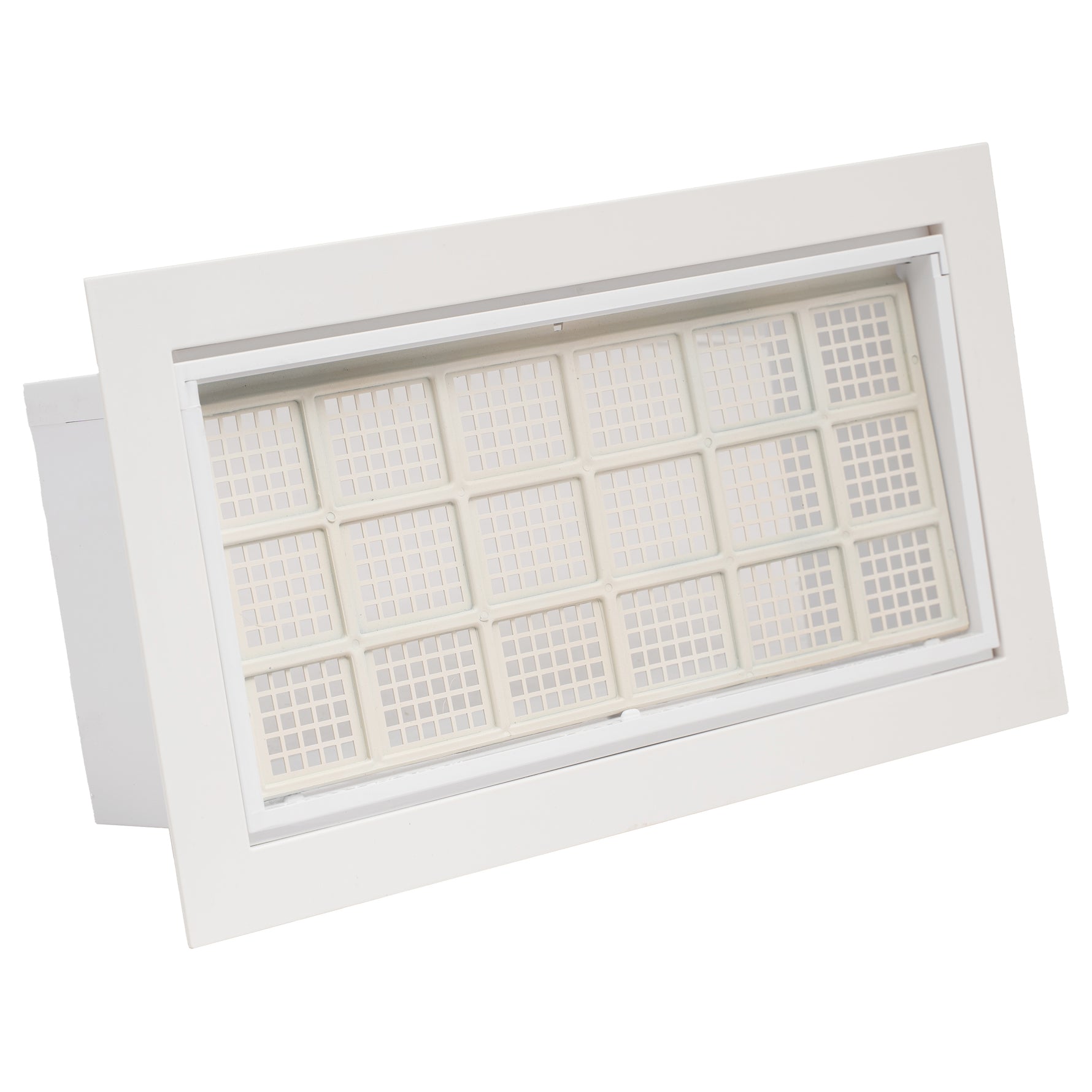 White rectangular air vent with grid pattern on a white background